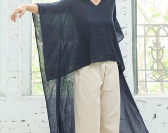 Marinblå asymmetrisk hög-låg oversized tunika - Böljande löst sittande blus för kvinnor, avslappnad bohemisk topp