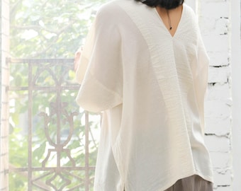 Beige Leichte Baumwolle Crinkle V-Ausschnitt Top - Entspannte Passform Sommer Bluse