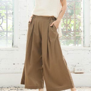 Khaki High-Waisted Pleated Wide-Leg Pants with Back Zipper - Cotton Linen Blend
