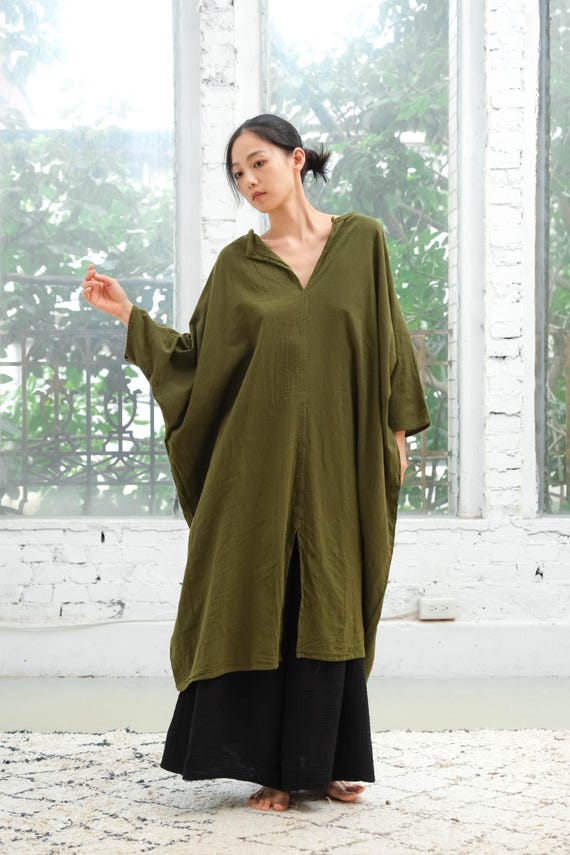 Olive Green Flowy Diamond Weave Slit Dress - Keyhole Neckline Boho Maxi Tunic