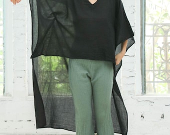 Svart asymmetrisk hög-låg oversized tunika - Böljande löst sittande blus för kvinnor, avslappnad bohemisk topp
