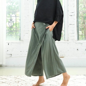 Grey Green Cotton Wrap Pants – Side Tie, Relaxed Fit, Summer Casual Wear