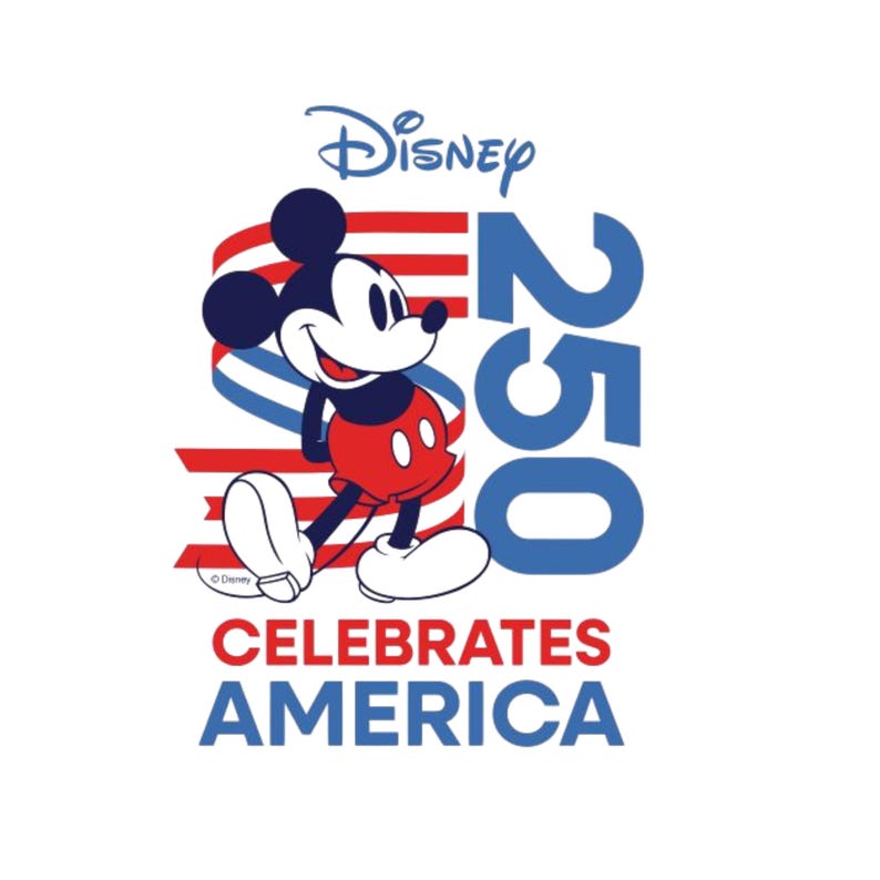 May include: A graphic design featuring Mickey Mouse in red shorts, standing in front of red and blue wavy stripes. The text reads Disney 250 CELEBRATES AMERICA in blue and red lettering. The design uses a patriotic colour palette of red, white, and blue.