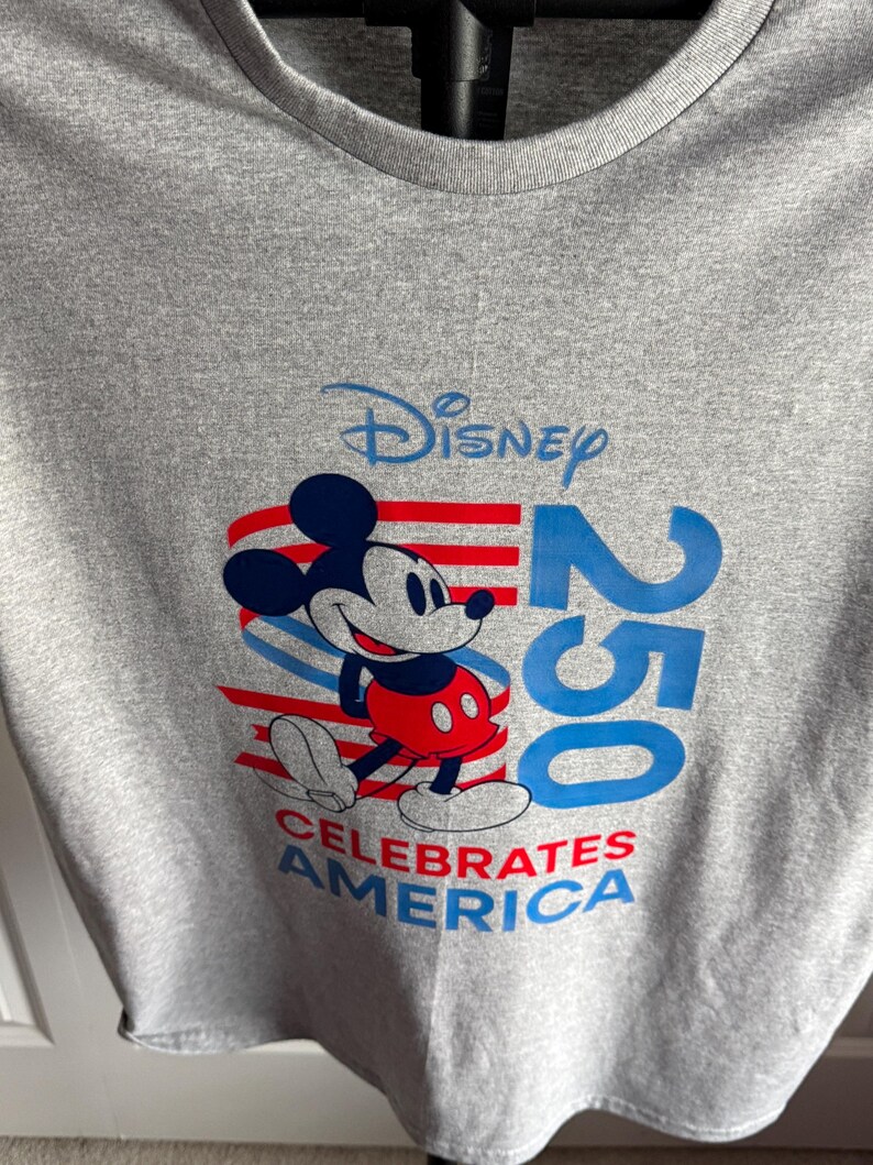 May include: A heather grey t-shirt featuring a graphic of Mickey Mouse in red shorts. The design includes the text Disney 250 and CELEBRATES AMERICA in blue and red, with stylised red and blue stripes behind the character on the front of the shirt.