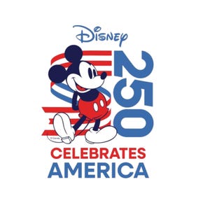 May include: A graphic design featuring Mickey Mouse in red shorts, standing in front of red and blue wavy stripes. The text reads Disney 250 CELEBRATES AMERICA in blue and red lettering. The design uses a patriotic colour palette of red, white, and blue.