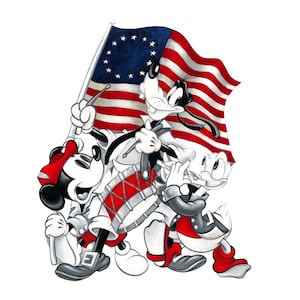 May include: Illustration of Mickey Mouse, Goofy, and Donald Duck in patriotic attire. Mickey wears a red hat and holds a drum. Goofy holds a flag with stars and stripes. Donald Duck plays a flute. The image has a white background.