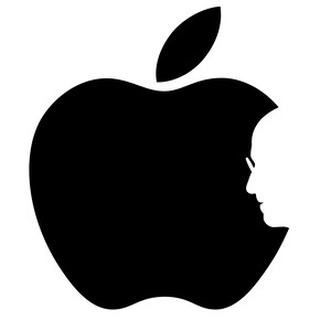 May include: Black and white graphic of an apple with a bite taken out, featuring a silhouette of a person's profile. The apple has a stem and a leaf. The person's profile is in white, contrasting with the black apple.