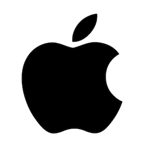 May include: Black silhouette of an apple with a bite taken out of it, and a small leaf at the top. The apple is set against a white background.