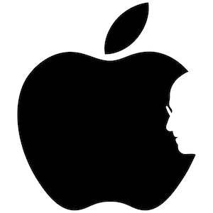 May include: A black graphic illustration of an apple silhouette with a leaf at the top. The right side of the apple features a negative space cutout in the shape of a profile of a person wearing glasses, creating a dual-image visual effect.