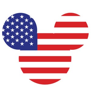 May include: A red, white, and blue American flag in the shape of a Mickey Mouse head.