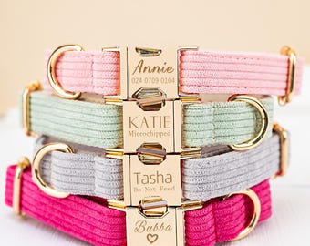 Velvet Personalise Dog Collar Leash Set with Bow,Dog Collar Leash Set,Puppy Collar,Engraved Pet Name collar,Metal Buckle,Wedding Puppy Gift