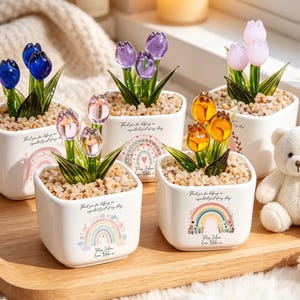 Op de afbeelding: Vijf vierkante witte keramische potten met glazen tulpen in blauw, paars, roze en oranje. Elke pot is voorzien van een regenboogafbeelding en tekst. De potten zijn gevuld met kleine beige steentjes en staan op een houten dienblad met een kleine witte pluche beer.