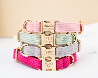 Dog Collar Leash Set with Name, Multiple Colour Velvet Personalise, Engraved Pet Name collar, Metal Buckle, Wedding Puppy Gift, Puppy Collar