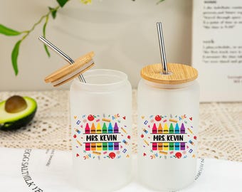 Personalized Teacher Glass Tumbler,Custom Teacher Gift for Her,Teacher Iced Coffee Cups with Crayon Design,Teacher Appreciation Gifts