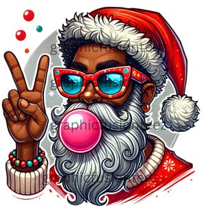 Cool Santa PNG, Black Santa, Blowing Bubble Gum Santa, Urban Santa, Hipster Santa, Holiday Vibes, Peace sign Santa, Unique Christmas art,