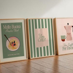 Juego de 3 láminas para cocina con temática italiana en verde y rosa.