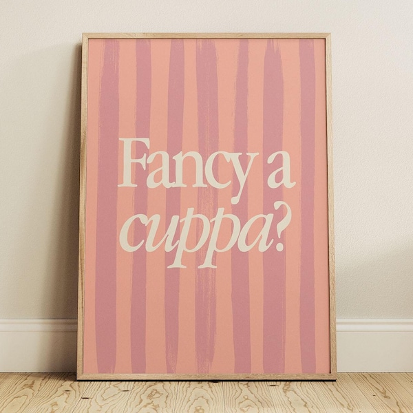 Fancy a Cuppa Print: Pink Stripy Kitchen Wall Art