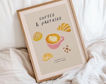 Könnte beinhalten: Ein beiger Poster mit dem Text "Coffee & Pastries" in braunen Buchstaben. Der Poster zeigt Illustrationen einer rosa Kaffeetasse mit Latte Art, einem Croissant, einem Zimtschnecken und einem Gebäck. Der Text "Zutaten für einen perfekten Sonntag" ist ebenfalls enthalten.