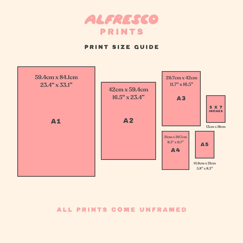 May include: A pink chart with the text "Alfresco Prints" and "Print Size Guide". The chart shows different print sizes with their corresponding measurements in inches and centimeters. The sizes are A1, A2, A3, A4, and A5. The text "All Prints Come Unframed" is at the bottom of the chart.
