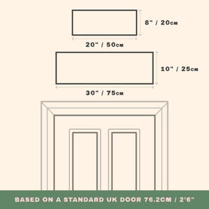 Pu&ograve; includere: Diagramma che mostra tre forme rettangolari con dimensioni: 50 cm per 20 cm, 75 cm per 25 cm e 75 cm. Il testo "BASED ON A STANDARD UK DOOR 76.2CM / 2'6"" &egrave; in basso, con un contorno di porta.