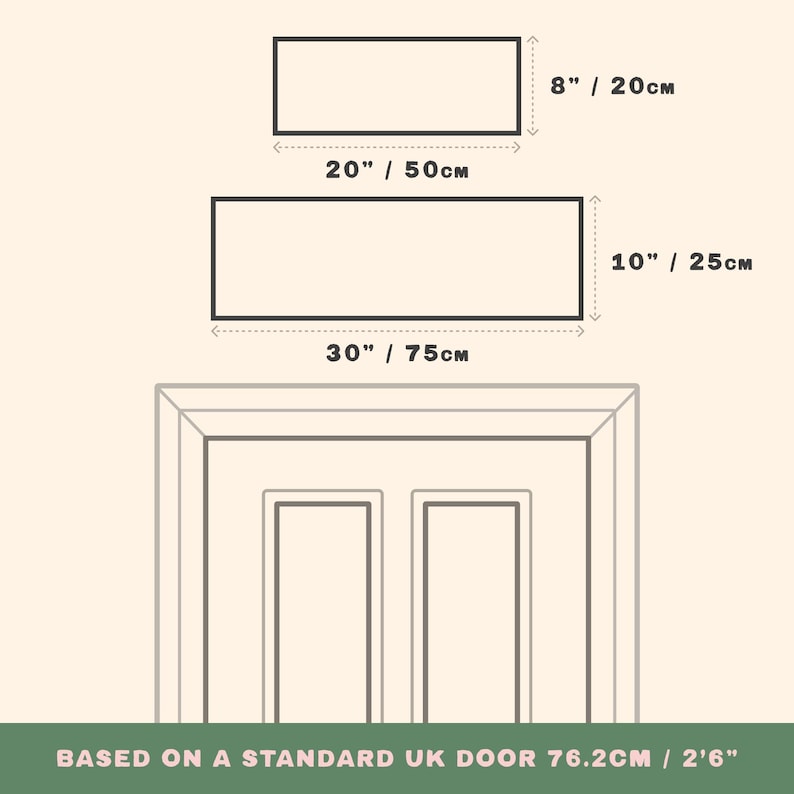 Pu&ograve; includere: Diagramma che mostra tre forme rettangolari con dimensioni: 50 cm per 20 cm, 75 cm per 25 cm e 75 cm. Il testo "BASED ON A STANDARD UK DOOR 76.2CM / 2'6"" &egrave; in basso, con un contorno di porta.