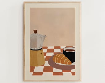Könnte beinhalten: Gerahmter Kunstdruck mit einem Stillleben aus einer Kaffeekanne, einer Tasse Kaffee und einem Croissant auf einem Teller. Der Hintergrund ist hellbraun, der Tisch hat ein rot-weißes Schachbrettmuster.