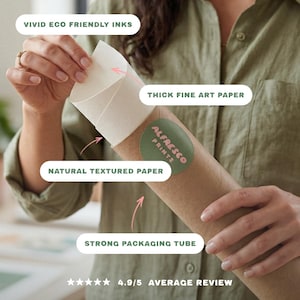 May include: A rolled print in a brown tube is held by a person. The tube has a green sticker with the text "ALFRESCO PRINTS". The image highlights "VIVID ECO FRIENDLY INKS", "THICK FINE ART PAPER", and "NATURAL TEXTURED PAPER". The average review is 4.9/5.