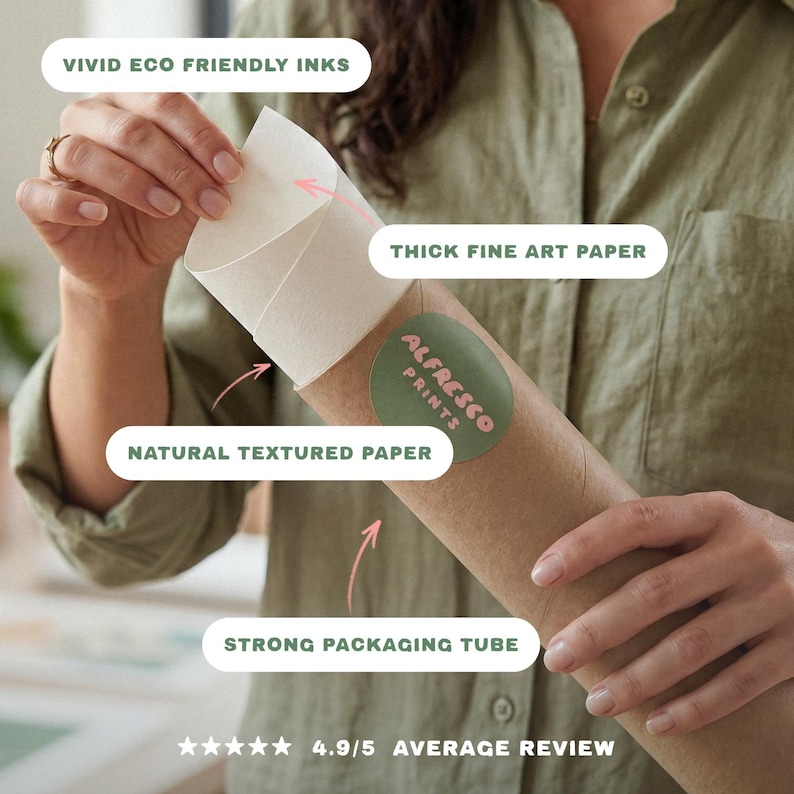 May include: A rolled print in a brown tube is held by a person. The tube has a green sticker with the text "ALFRESCO PRINTS". The image highlights "VIVID ECO FRIENDLY INKS", "THICK FINE ART PAPER", and "NATURAL TEXTURED PAPER". The average review is 4.9/5.