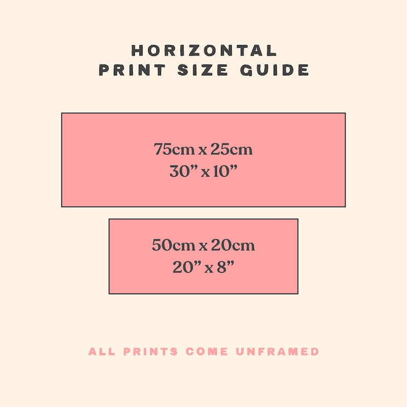 May include: A print size guide with two rectangular pink boxes displaying dimensions. The top box is 30" x 10" (75cm x 25cm), and the bottom box is 20" x 8" (50cm x 20cm). Text at the top reads "HORIZONTAL PRINT SIZE GUIDE".