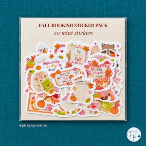 May include: A pack of 20 mini stickers titled FALL BOOKISH STICKER PACK. The stickers feature autumn-themed illustrations including pumpkins, fall leaves, books, a library card, a raccoon, and text such as Cozy Chapter Club and Meet Me At The Fall.