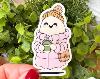 Cozy Winter Ghost Sticker – Pink Puffy Jacket Coffee Lover Design