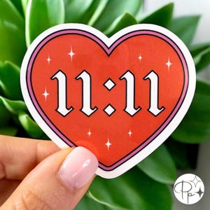 11 11 Angel Number Sticker, 2.5x2.2”, Red Heart Spiritual Vinyl Decal, Manifestation Aesthetic Sticker, Repeating Numbers Journal Laptop