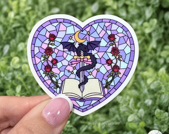 Autocollant Dragon Vitrail | Sticker Fantastique Livre | Cadeau pour Amoureux des Livres | Sticker Cœur pour Ordinateur Portable