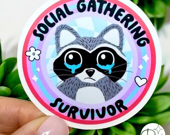 Introvert Humor Sticker – Pink Social Gathering Survivor Raccoon Design