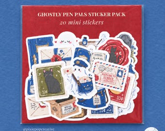 Ghostly Pen Pals Sticker Pack: 20 Mini Ghost Mail Decals, Gothic Black Cat Halloween
