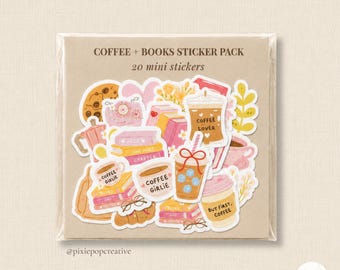 Pack d'autocollants Café et Livres : 20 mini autocollants pour les amoureux du café et des livres, pour carnets de lecture