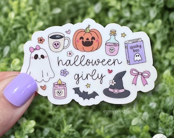 Autocollant d'Halloween girly : fantôme rose, citrouille, chapeau de sorcière et nœud papillon.