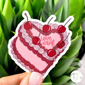 Love Urself Cherry Cake Sticker, Pink Heart Cake Vinyl Sticker, Glossy or Sparkle Finish, 2.5x2.75 in, Cute Self Love Sticker