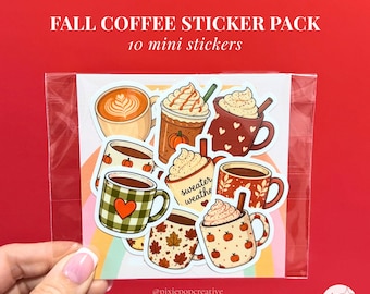Lot de 10 mini autocollants sur le thème du café d'automne : motifs de latte à la citrouille épicée et de tasses d'automne chaleureuses