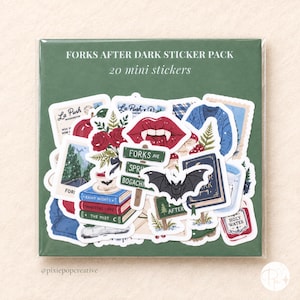 May include: A pack of 20 mini stickers titled FORKS AFTER DARK STICKER PACK. The stickers feature illustrations of red lips with fangs, a black bat, a stack of books, a bouquet of red roses, a street sign, and a bottle labeled HOLY WATER.