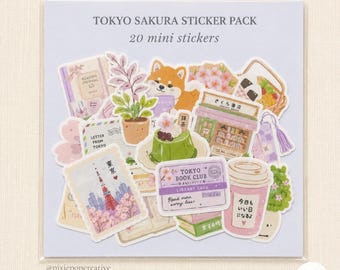 Pack d'autocollants Tokyo Sakura : 20 mini autocollants kawaii japonais à motifs de fleurs de cerisier et de livres