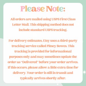 May include: A white square sign with rounded corners and a light green border featuring the text Please Note: All orders are mailed using USPS First Class Letter Mail. This shipping method does not include standard USPS tracking. For delivery estimates, Etsy uses a third-party tracking service called Pitney Bowes. This tracking is provided for informational purposes only and may sometimes update the order as Delivered before your order arrives.
