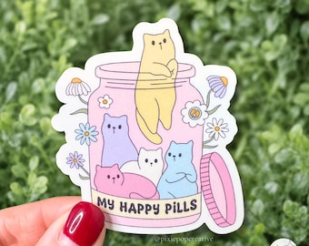 Cat Sticker – Pastel Mental Health Decal with Happy Pills Kitty
