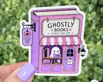 Autocollant Livres Fantomatiques : Librairie rose d'Halloween avec fantôme en train de lire