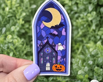Autocollant d'Halloween en vitrail : Église hantée avec fantôme, chauves-souris et croissant de lune