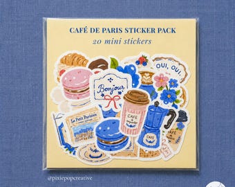 Pack d'autocollants Café de Paris : 20 mini autocollants Café français, café et pâtisserie