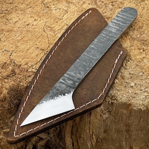 Kiridashi Knife with Leather Cover. Hand Forged Leatherworking and Woodworking Knife. Carbon Steel 52100. Wood Carving Knife. Utility Knife.