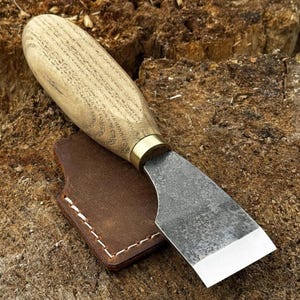 Hand Forged Straight Skiving Knife with Cover. Leatherworking Tool. Ergonomic Ash Handle. 52100 Steel. Cutting Leather Tools. Craft Knife.