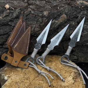 Throwing Knives with Leather Covers – Hand-Forged 52100 Steel Blades with Paracord Wrapped Handles – Unsharpened Pocket Camping Knives.