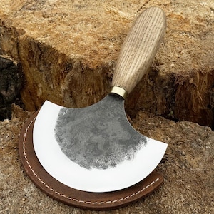 Leather Round Knife with Leather Cover. Cutting Leather Tool. Ergonomic Ash Wood Handle. 52100 Steel Blade. Skiving Knife. Beginners Gift